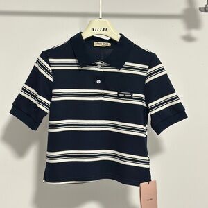 Miu Miu navy blue striped v-neck polo short-sleeved T-shirt
